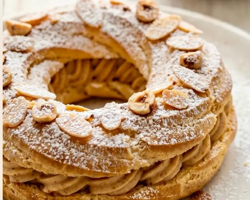 Paris-brest : couronne de pâte à choux, crème pralinée, amandes et noisettes