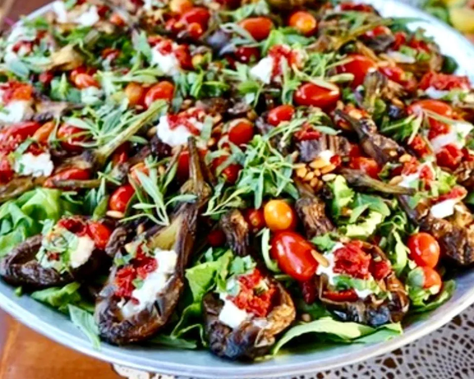 Salade d'aubergines et tomates séchées sur lit de verdure
